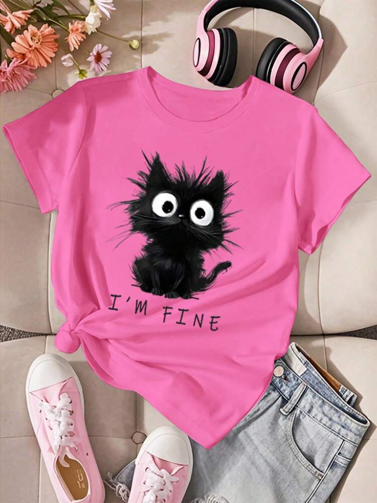 Tween Girls' Minimalist Cat Graphic Short Sleeve T-Shirt, Soft Casual Round Neck Summer Top for School, Campus, and Everyday Wear