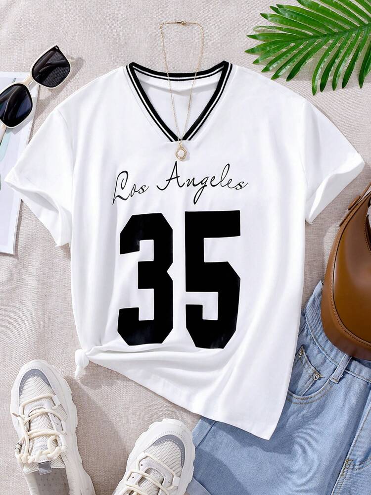 Tween Girls' V-Neck Los Angeles Graphic T-Shirt, Short Sleeve Casual Summer Top for Everyday Wear