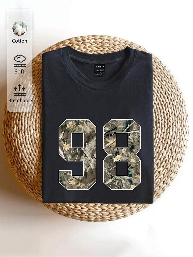 Women's Loose Fit Leaf Print T-Shirt – Casual Round Neck Short Sleeve Summer Top for Back to School and Everyday Outfits