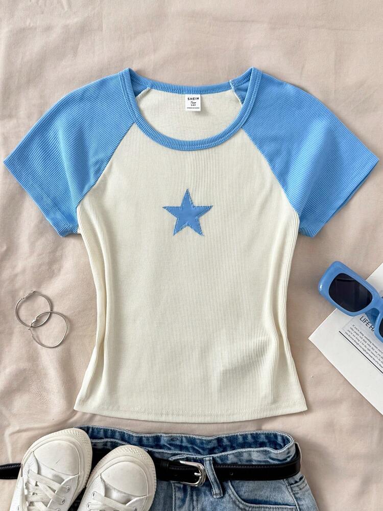 Tween Girls' Casual Color Block Star Print T-Shirt, Minimalist Patchwork Short Sleeve Top for Summer Everyday Wear