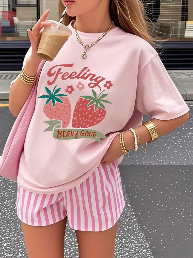 1pc Girls' Strawberry Print Short Sleeve T-Shirt, Soft and Comfortable Summer Top for Students and Tweens, Cute Casual Fashion Tee for Everyday Wear