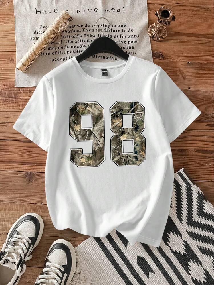 Women's Loose Fit Leaf Print T-Shirt – Casual Round Neck Short Sleeve Summer Top for Back to School and Everyday Outfits