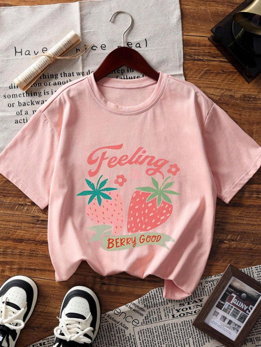 1pc Girls' Strawberry Print Short Sleeve T-Shirt, Soft and Comfortable Summer Top for Students and Tweens, Cute Casual Fashion Tee for Everyday Wear
